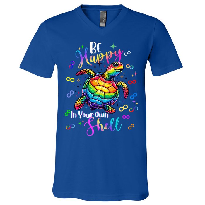Rainbow Turtle Be Happy In Your Own Shell Autism Awareness V-Neck T-Shirt