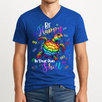 Rainbow Turtle Be Happy In Your Own Shell Autism Awareness V-Neck T-Shirt