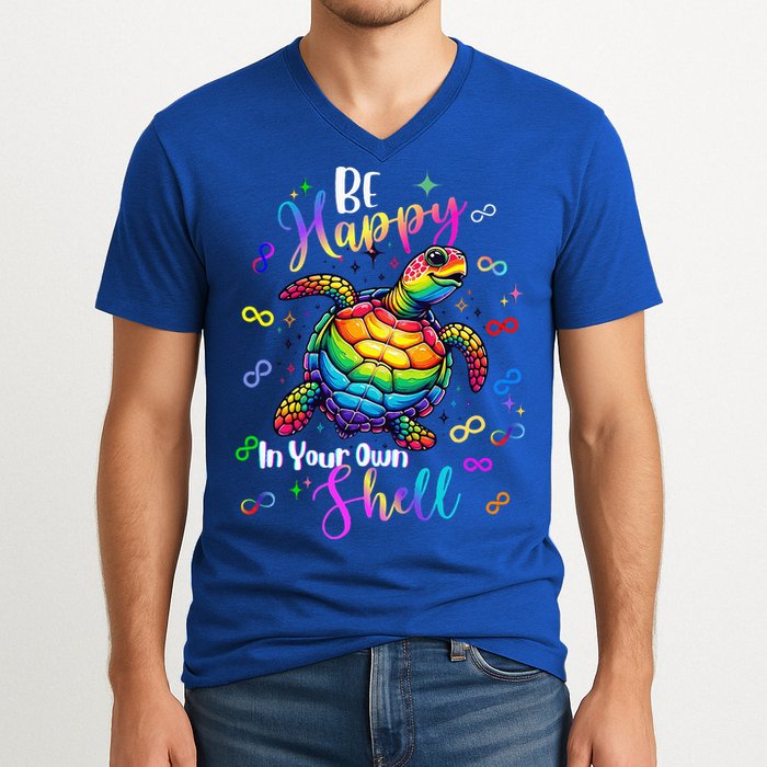 Rainbow Turtle Be Happy In Your Own Shell Autism Awareness V-Neck T-Shirt