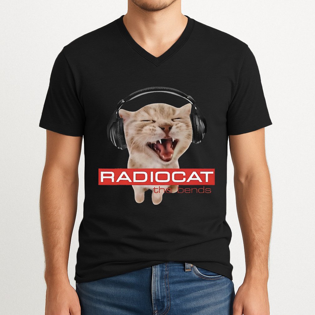Radiocat The Bends Funny Music Cat Meme Cat Mom Cat Lover V-Neck T-Shirt
