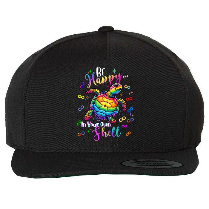 Rainbow Turtle Be Happy In Your Own Shell Autism Awareness Wool Snapback Cap
