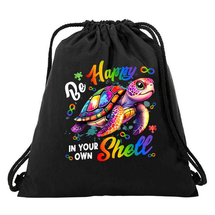 Rainbow Turtle Be Happy In Your Own Shell Autism Awareness Drawstring Bag