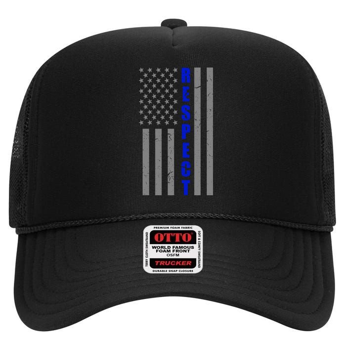 Respect The Blue Support Our Police American Flag High Crown Mesh Back Trucker Hat