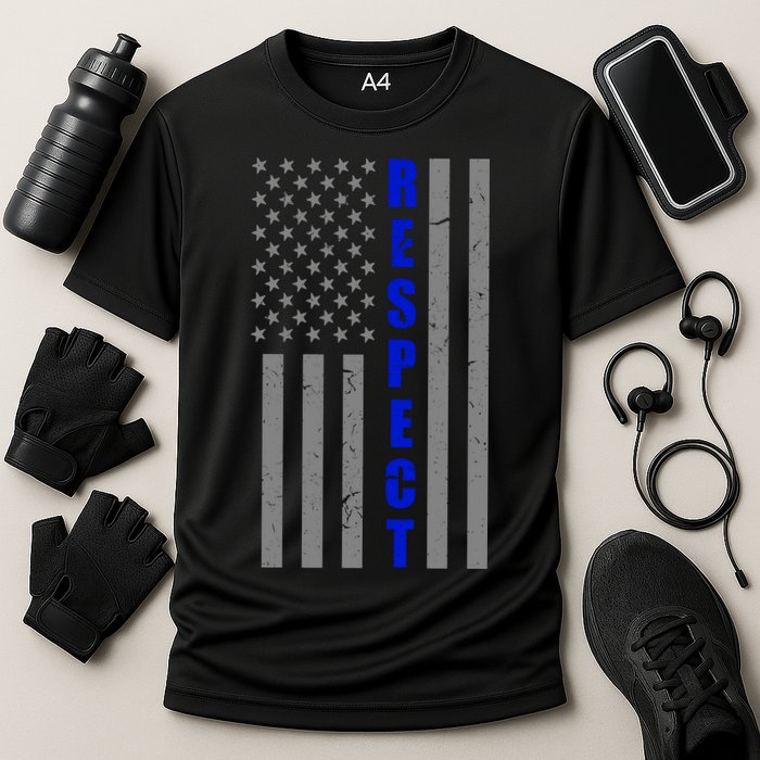 Respect The Blue Support Our Police American Flag Cooling Performance Crew T-Shirt