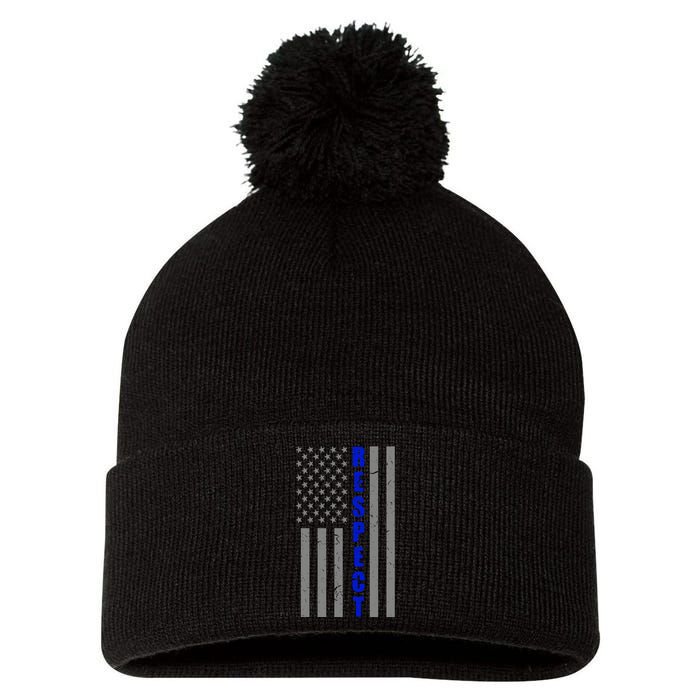 Respect The Blue Support Our Police American Flag Pom Pom 12in Knit Beanie