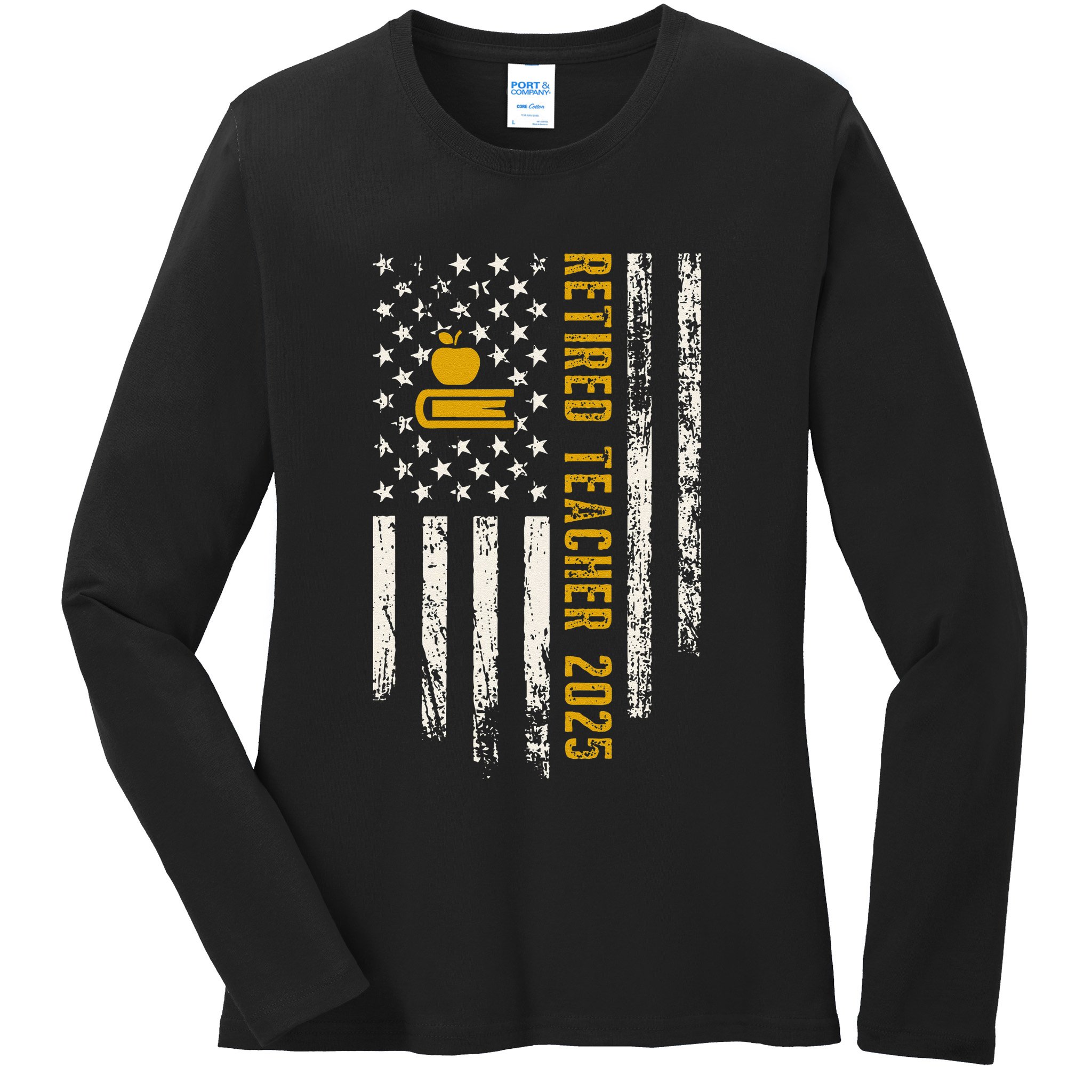 Retired Teacher Class 2025 Vintage Us Flag School Retirement Ladies Long Sleeve Shirt