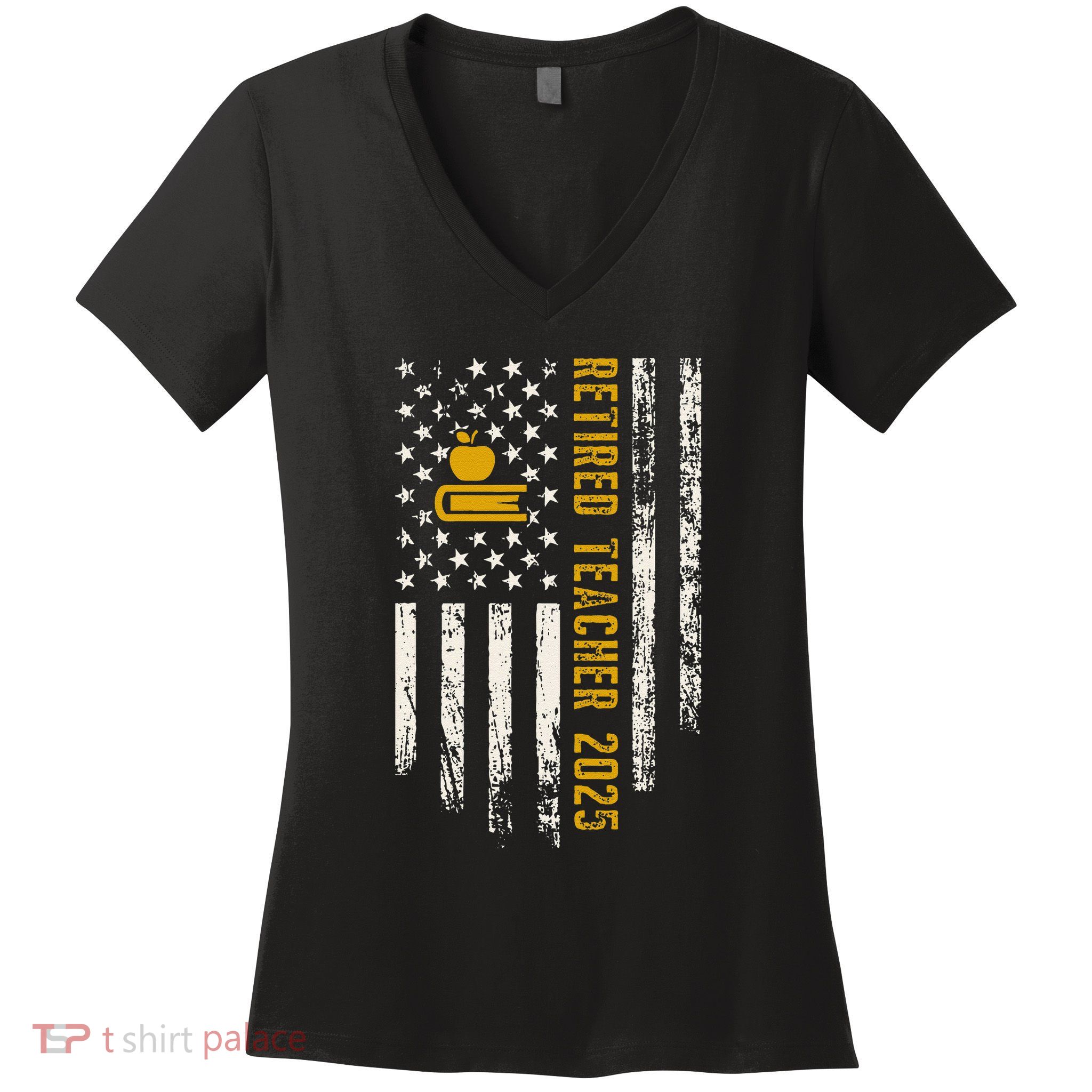 Retired Teacher Class 2025 Vintage Us Flag School Retirement Women's V-Neck T-Shirt