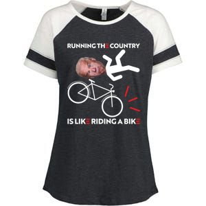 Running The Country Is Like Riding A Bike Funny Biden Meme Enza Ladies Jersey Colorblock Tee