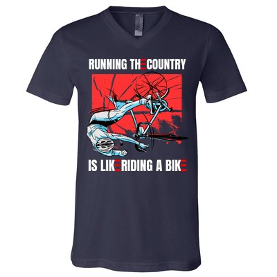 Running The Country Is Like Riding A Bike Merry 4th Of July Biden Falling V-Neck T-Shirt