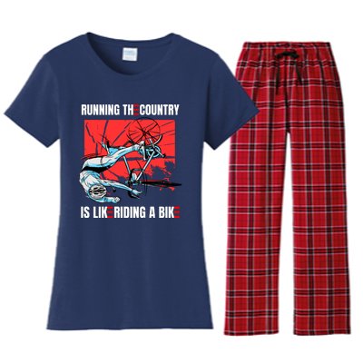 Running The Country Is Like Riding A Bike Merry 4th Of July Biden Falling Women's Flannel Pajama Set