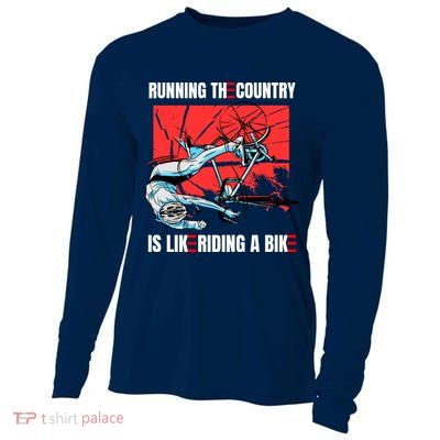 Running The Country Is Like Riding A Bike Merry 4th Of July Biden Falling Cooling Performance Long Sleeve Crew