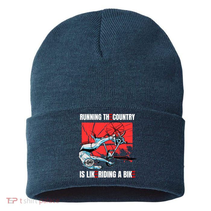 Running The Country Is Like Riding A Bike Merry 4th Of July Biden Falling Sustainable Knit Beanie
