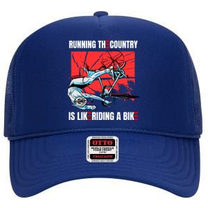 Running The Country Is Like Riding A Bike Merry 4th Of July Biden Falling High Crown Mesh Back Trucker Hat