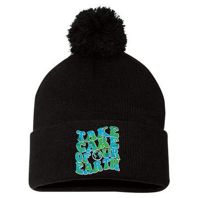 Retro Take Care Of Our Earth Celebrate Earth Day Pom Pom 12in Knit Beanie