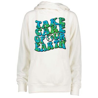 Retro Take Care Of Our Earth Celebrate Earth Day Womens Funnel Neck Pullover Hood