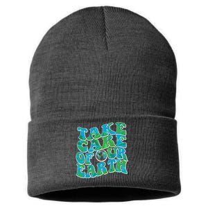 Retro Take Care Of Our Earth Celebrate Earth Day Sustainable Knit Beanie