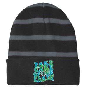 Retro Take Care Of Our Earth Celebrate Earth Day Striped Beanie with Solid Band