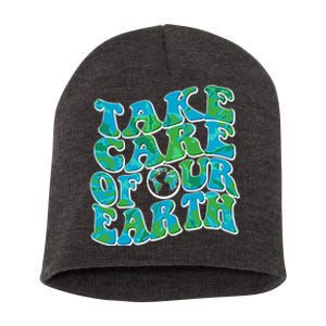 Retro Take Care Of Our Earth Celebrate Earth Day Short Acrylic Beanie