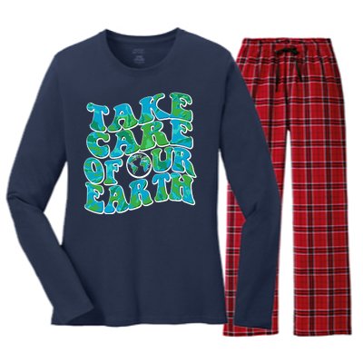 Retro Take Care Of Our Earth Celebrate Earth Day Women's Long Sleeve Flannel Pajama Set 