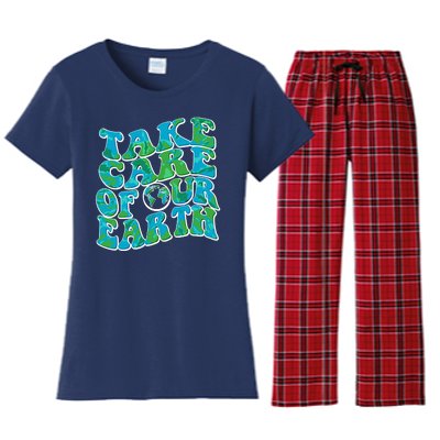 Retro Take Care Of Our Earth Celebrate Earth Day Women's Flannel Pajama Set