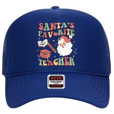 Retro Teacher Christmas Santas Favorite Teacher Holiday Xmas Great Gift High Crown Mesh Back Trucker Hat