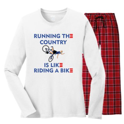 Running The Country Is Like Riding A Bike Biden Falling Meme Women's Long Sleeve Flannel Pajama Set 