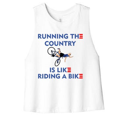 Running The Country Is Like Riding A Bike Biden Falling Meme Women's Racerback Cropped Tank