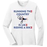 Running The Country Is Like Riding A Bike Biden Falling Meme Ladies Long Sleeve Shirt