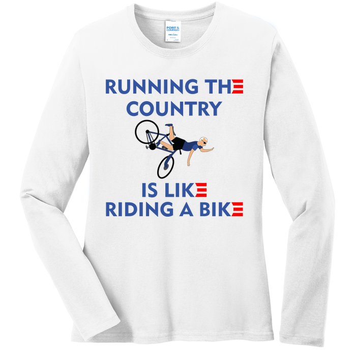 Running The Country Is Like Riding A Bike Biden Falling Meme Ladies Long Sleeve Shirt