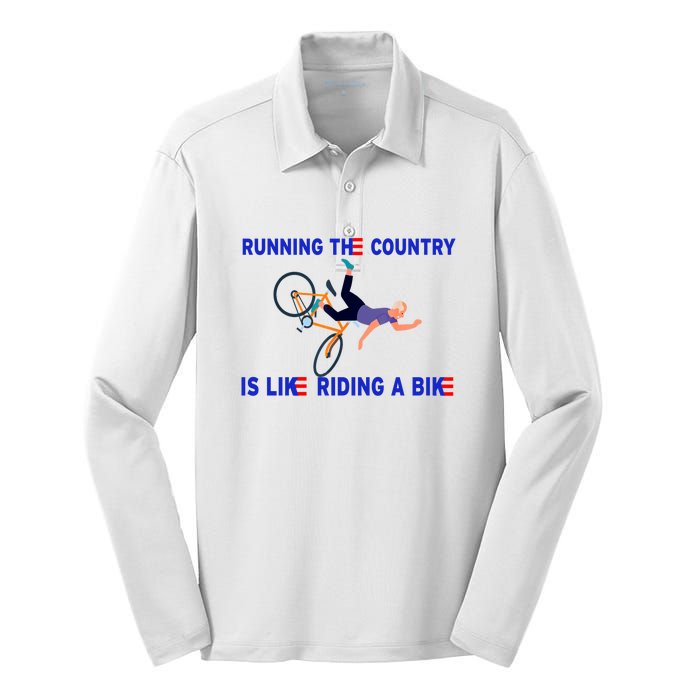 Running The Country Is Like Riding A Bike Funny Joe Biden Meme Silk Touch Performance Long Sleeve Polo