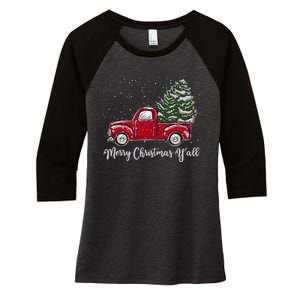 Red Truck Christmas Merry Christmas Yall Women's Tri-Blend 3/4-Sleeve Raglan Shirt