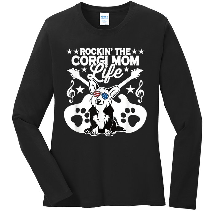 Rockin The Corgi Dad Life Dog Lover Guitar Musician Copy Ladies Long Sleeve Shirt