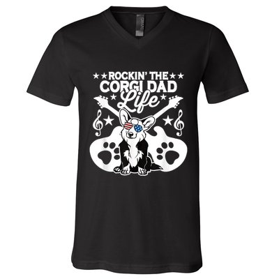 Rockin The Corgi Dad Life Dog Lover Guitar Musician V-Neck T-Shirt