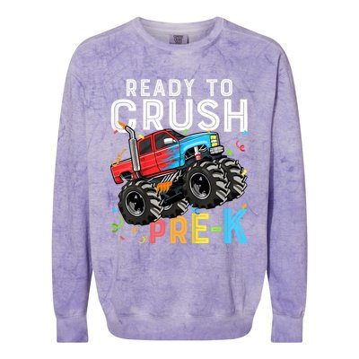 Ready To Crush Prek First Day Of Preschool Monster Truck Colorblast Crewneck Sweatshirt