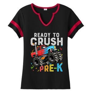 Ready To Crush Prek First Day Of Preschool Monster Truck Ladies Halftime Notch Neck Tee