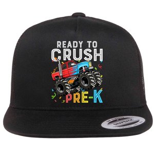 Ready To Crush Prek First Day Of Preschool Monster Truck Flat Bill Trucker Hat