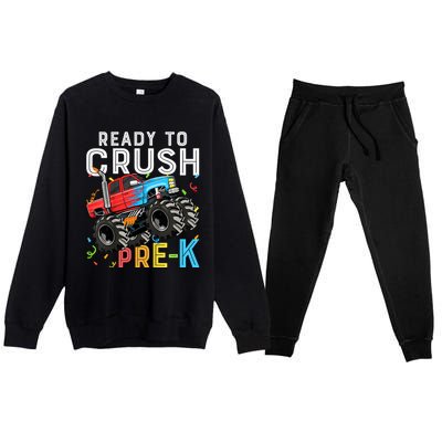 Ready To Crush Prek First Day Of Preschool Monster Truck Premium Crewneck Sweatsuit Set