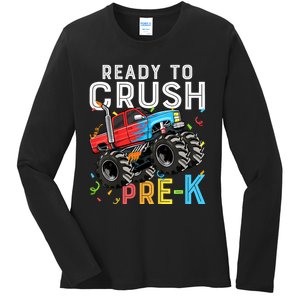 Ready To Crush Prek First Day Of Preschool Monster Truck Ladies Long Sleeve Shirt