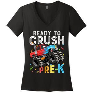 Ready To Crush Prek First Day Of Preschool Monster Truck Women's V-Neck T-Shirt