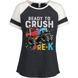 Ready To Crush Prek First Day Of Preschool Monster Truck Enza Ladies Jersey Colorblock Tee