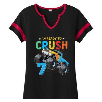 Ready To Crush 7 Monster Truck 7th Birthday Boy Ladies Halftime Notch Neck Tee