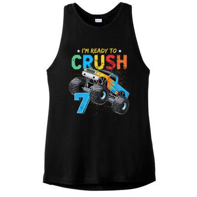 Ready To Crush 7 Monster Truck 7th Birthday Boy Ladies PosiCharge Tri-Blend Wicking Tank