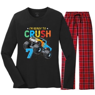 Ready To Crush 7 Monster Truck 7th Birthday Boy Women's Long Sleeve Flannel Pajama Set 