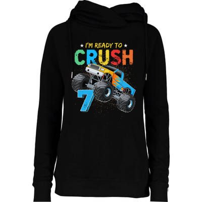 Ready To Crush 7 Monster Truck 7th Birthday Boy Womens Funnel Neck Pullover Hood