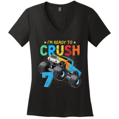 Ready To Crush 7 Monster Truck 7th Birthday Boy Women's V-Neck T-Shirt