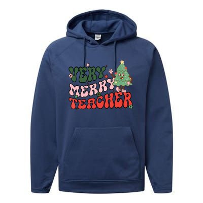 Retro Teacher Christmas Shirts Very Merry Teacher Performance Fleece Hoodie