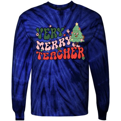 Retro Teacher Christmas Shirts Very Merry Teacher Tie-Dye Long Sleeve Shirt