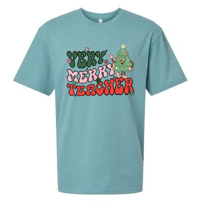 Retro Teacher Christmas Shirts Very Merry Teacher Sueded Cloud Jersey T-Shirt