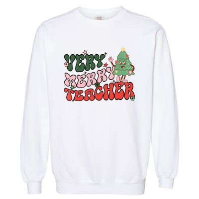 Retro Teacher Christmas Shirts Very Merry Teacher Garment-Dyed Sweatshirt