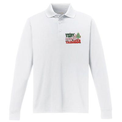 Retro Teacher Christmas Shirts Very Merry Teacher Performance Long Sleeve Polo